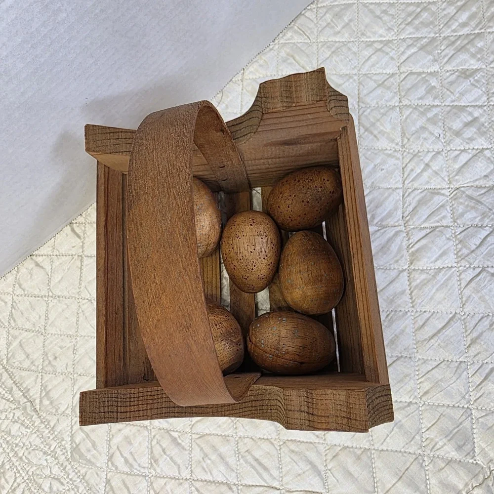 Vintage Cottagecore Wooden Eggs Basket Hearts Chickens Kitschy Country